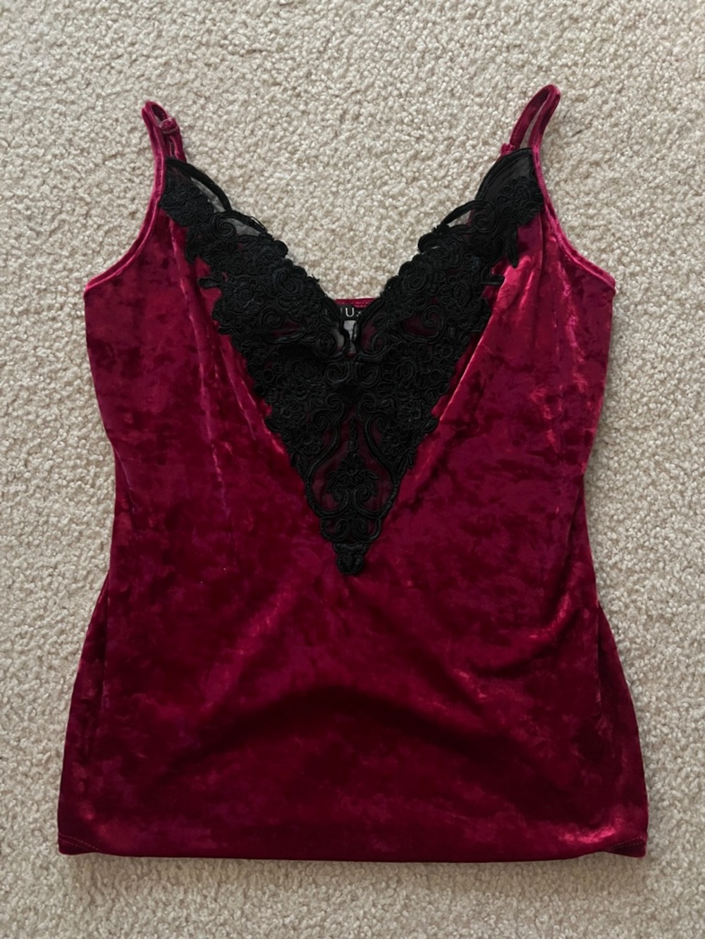 VENUS Wine Velvet Tank with Black Lace V-Plunge